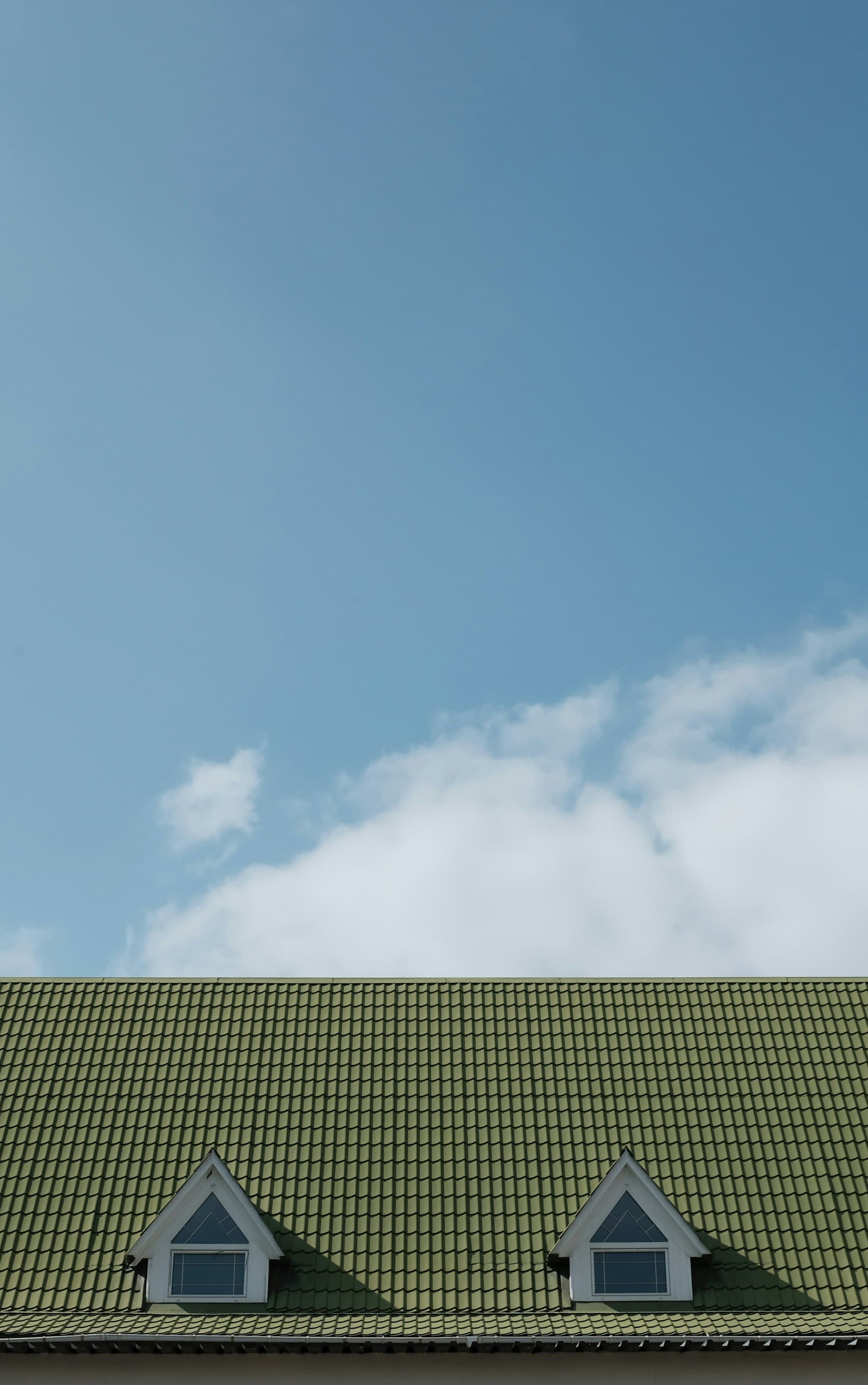 Green wooden house roof with visible eaves