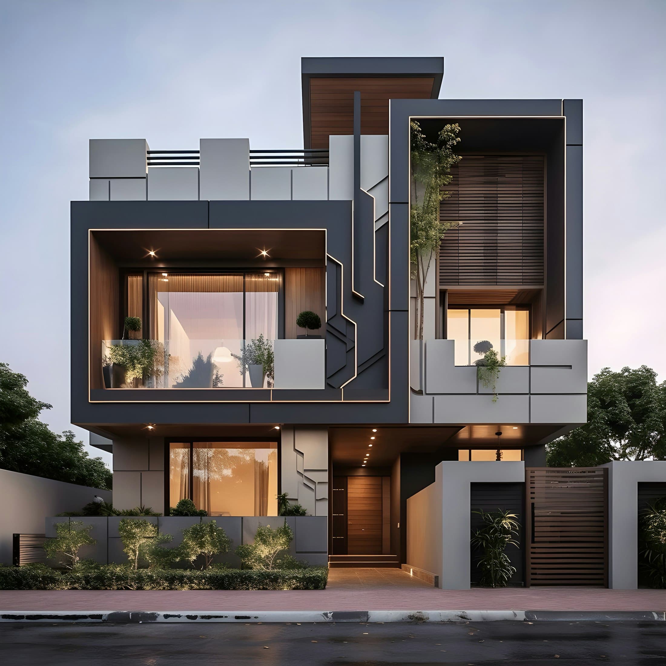 Modern two-story residence with multiple windows and balconies