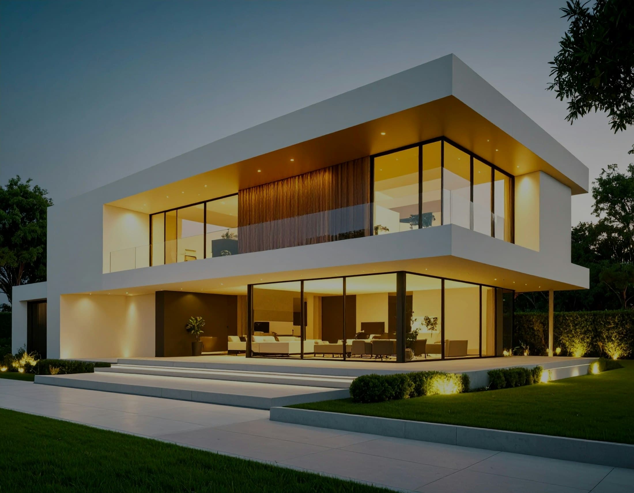 Modern house exterior illuminated at dusk